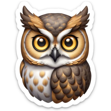 Cinematic Cute Great Horned Owl Portrait Emoji, Head tilted playfully and inquisitively, featuring a lush mottled Fur with intricate patterns of gray and white, round, sparkling golden eyes filled with curious wonder, Simplified yet irresistibly adorable features, highly detailed, glowing with a warm, friendly glow, high shine, affectionate and wise, stylized with a touch of nocturnal whimsy, bright and endearing, soft glowing outline, capturing the essence of a mischievous yet loving owl, so playful it feels like it could glide out of the screen and perch in your arms! sticker