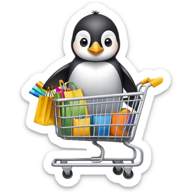 cute baby penguin sitting in a shopping cart filled with shopping items and colorful shopping bags sticker
