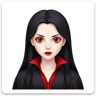 make a vampire with long black hair, pale, brown eyes, with some red spots on her face, wearing a black outfit sticker