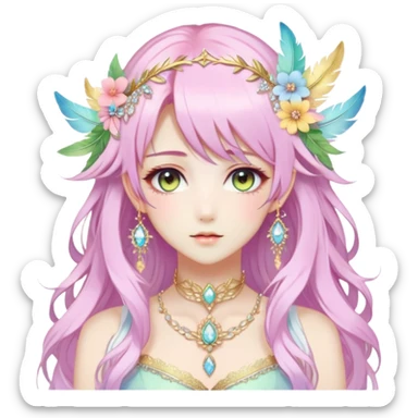 Beautiful gorgeous anime lady with beautiful pastel-special-hair, fashion aesthetic, ethereal, fairycore, pastelcore, feather, flower, crystals, accessories, gold jewelries, gold, colorful, gold laurel, gold halo, sticker