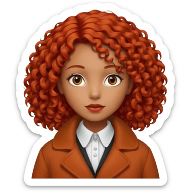 
Dark tanned girl with medium-length, curly, tomato-red hair, dark eyes, wearing a coat with a white collar. sticker