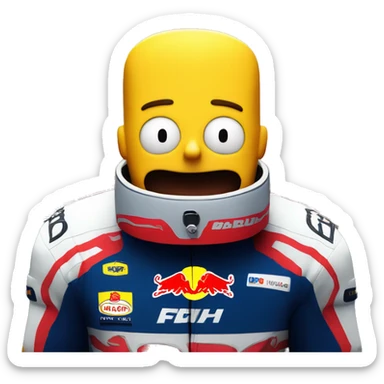 Bart simpson with his helmet but his eyes visivle, driving a red bull in a track of formula 1 sticker