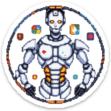 Pixel art of a robot man with a circular chest divided into four segments showing icons for visual art, music, theater, and literature sticker