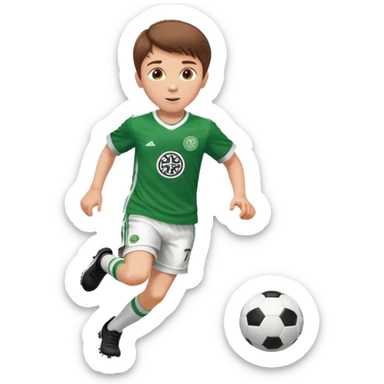 Celtic footballer jersey logo  6 years old brown hair white boy , brown eyes , stripes uniform , RUNNING  with soccer ball # 17 celtic football logo PUT ONLY ONE LOGO ONE CELTIC LOGO ONLY white shorts sticker