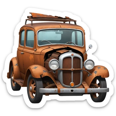 Side view of a broken-down old car with steam from the open bonnet, shattered windows, rusted doors, a flat tire, dents, peeling paint, and a grimy, neglected look. sticker