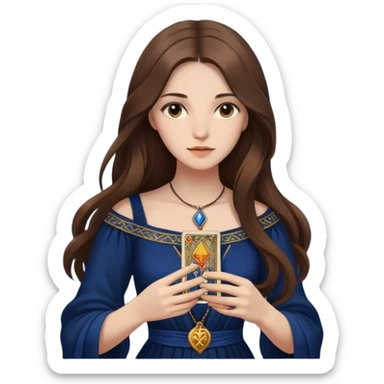 A girl with long hair, in a dark blue dress holds tarot cards in her hands sticker
