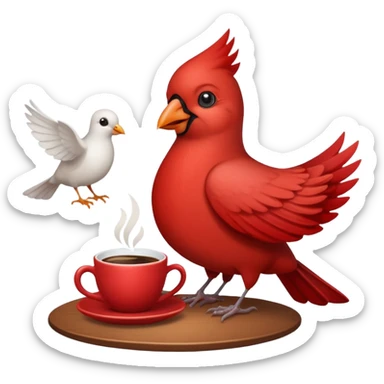 Happy cardinal bird with a dove and a cup of coffee sticker