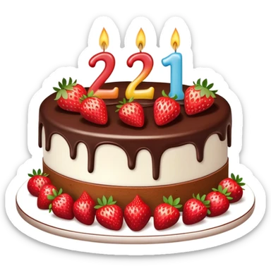 A birthday cake with the number twenty one  on it and the cake is chocolate and straw berries and nice burning candles sticker