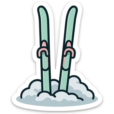 narrow cross-country skis stuck into the snow, snow piled up around the bases, detailed shading, thin clean outlines, soft rounded features, pastel palette #98B5BC #B5B3C1 #C9A3C9 #E4C0CA #F7DCD1 #F7C0AA, Japanese pop art, sticker look, highly detailed, vector clarity, soft lighting, subtle shadows, transparent background sticker