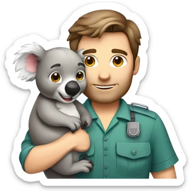 Caucasian brown hair male zookeeper holding cute koala sticker