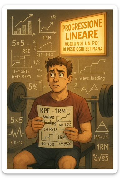Neofita in palestra, visibilmente confuso, seduto su una panca con in mano un foglio pieno di schemi complicati, numeri, percentuali e sigle (tipo 5x5, RPE, 1RM, wave loading, ecc). Ha un’espressione perplessa, guarda in tutte le direzioni. Intorno a lui appaiono in aria grafici intricati, metodi diversi, formule complicate. Ma sullo sfondo, in modo semplice e luminoso, c'è un cartello che dice: 'Progressione lineare – Aggiungi un po’ di peso ogni settimana'. La luce calda illumina proprio quel messaggio semplice. Contrasto visivo forte tra la confusione e la chiarezza. Stile realistico o illustrato, atmosfera educativa e motivazionale. sticker