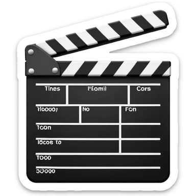 Classic movie clapperboard with traditional black and white striped top part and black base, iOS emoji style sticker