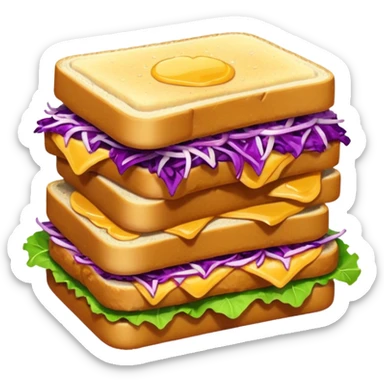 A cute, simplified emoji-style illustration of a stacked chicken sandwich — two thick golden toast slices, a crispy breaded chicken fillet, green lettuce, and purple cabbage slaw, with glossy dark sauce dripping down the sides. sticker