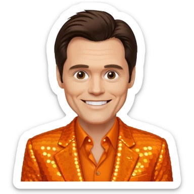 Jim Carrey with dark brown hair, orange sequin suit sticker