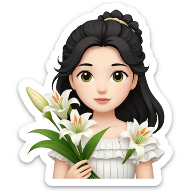  A girl with a black half-up half-down hairstyle, and a white ruffled top, enjoying the spring breeze.Holding a bundle of lily sticker