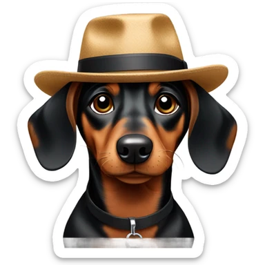 Black and brown weiner dog with a hat sticker