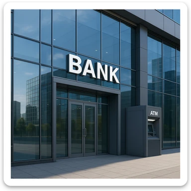 a modern bank building with glass facade, ATM outside, financial institution sticker