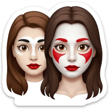 person with long brown hair, white face paint, red lipstick and a mole on right cheek sticker
