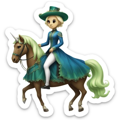"galora green blonde alien woman" in blue Victorian dress elegant, full body, on brown and white unicorn sticker