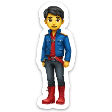 Garçon aux yeux bleus portant une veste en cuir rouge avec ceinture, pantalon en ￼cuir rouge, une ceinture rouge, des boots rouges,￼￼ sticker