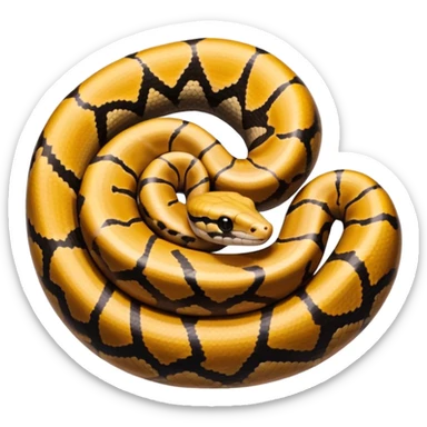 A photo-realistic top-down view of a Ball Python gently coiled into a tight spiral, with its head resting peacefully at the center. Its scales are warm brown with bold, irregular black markings, including the distinctive “alien-head” pattern, flowing smoothly along its body.  sticker