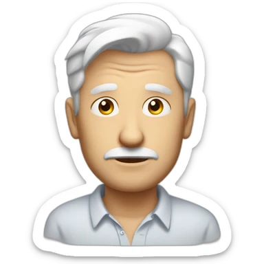 Unsure european shaved guy in his fifties with mid long white hair wearing a shirt saying hello sticker