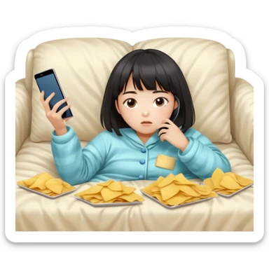 Cute East Asian girl, soft fair skin, straight bangs, messy inward bob. Wearing fluffy pajamas, lying on couch under blanket, holding chips and phone, expression blank and tired. sticker
