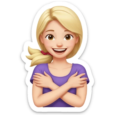 Girl arms crossed laughing holding her neck . sticker