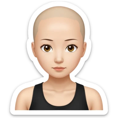 Asian woman with receding hairline, bald near the top of her head, longer hair on the sides of her head, wearing a black tank top sticker
