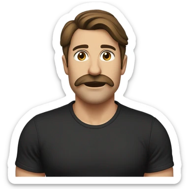 Brown haired guy with a mustache eyes rolling back board blowing air out of his mouth black T-shirt in his late 30s ￼ brown mustache and hair is in a ponytail sticker