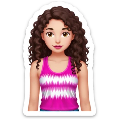 Young adult woman with luminous fair skin, long dark brown curly hair, large almond dark brown eyes, thick lips, wearing bright pink tie-dye tank top, warm friendly expression sticker