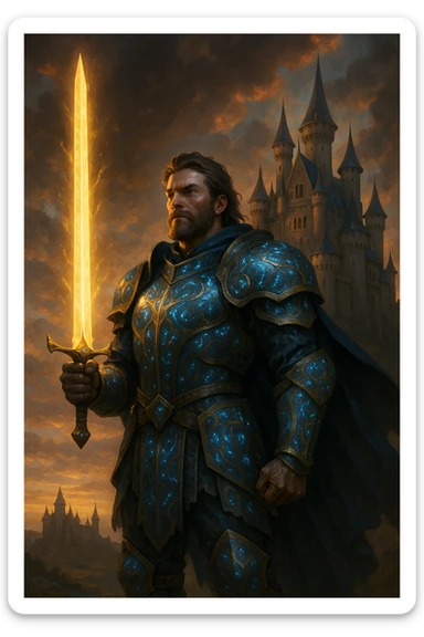A brave fantasy warrior, holding a glowing sword, wearing enchanted armor, with a castle in the background sticker