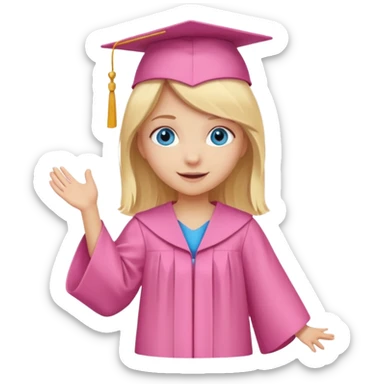 blonde hair blue eyed girl wearing a pink graduation cap and gown, full body, cheerful expression sticker