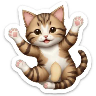 dark brown tabby and white kitten with his eyes closed whilst in funny positions stretched out and  upside down sticker