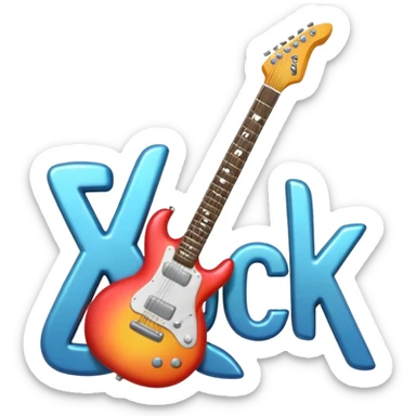 A 3D Apple-style emoji showing the word "ROCK" in bold metallic letters, with a small electric guitar leaning on the text, vibrant glowing effect, playful and energetic cartoon style, symbolizing rock music. sticker