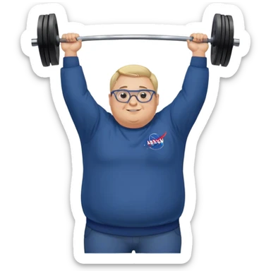 happy chubby man, lifts weights over the head,  blond short and hight receding hairline, wearing a dark blue sweatshirt, nasa logo on the sweatshirt, round glasses without frame, 40 years old sticker