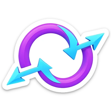 Circular loop arrow in Virtuosa style: smooth rounded shape forming a full loop, neon blue (#00A9F4) and violet (#9A1AFF) glow, futuristic 3D look, friendly and modern. No text. Full background. sticker