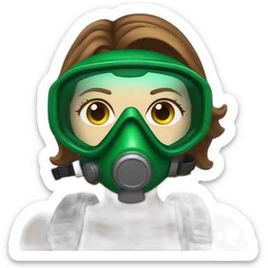 woman brown hair diving mask with diving regulator in mouth, green eyes sticker