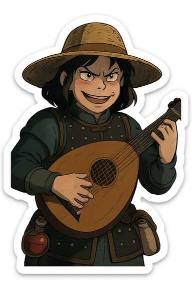 A female bard wearing brigandine armor with a sturdy straw hat, playing a fat medieval lute and singing, night time shadows, tool belt with red potion and bandages, portrait , mischievous grin, anger sticker