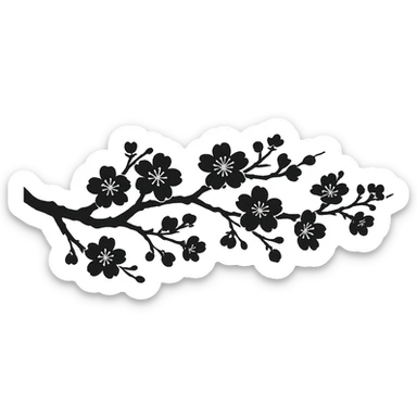 long sakura branch with solid fill, monochrome, eastern style, no background, for sign decoration, 1200x100px sticker