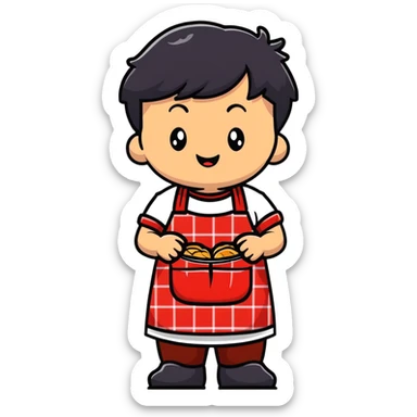 chubby boy with black hair styled upward in front, wearing a red and white checkered plaid apron sticker