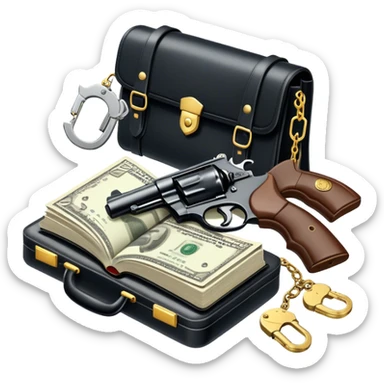 Icon for Action & Crime Reading: open book with text and picture, silhouette of a gun, a bag of money, a police badge. Surrounding elements include a pair of handcuffs, a briefcase and scattered bullet casings. Transparent background. sticker