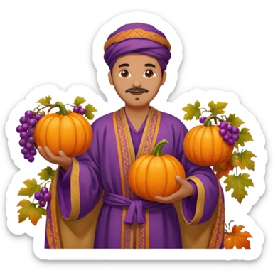 Tan Moroccan man sitting holding with pumpkin and purple grapes in countryside  sticker