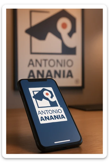 A photo of an iPhone on the desk with the logo of "Antonio Anania" on its screen, The phone sits atop a desk with a blurred with the logo in the background that suggests work environment. A faint glow from above casts gentle shadows across the surface of each object, creating depth and highlighting their textures sticker