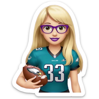 full length women wearing eagles uniform, long blonde hair, blunt bangs, black glasses, holding football, number 33, smiling, purple lipstick sticker