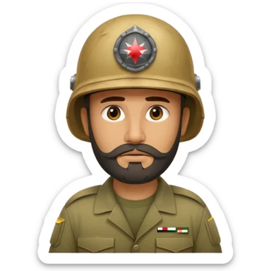 very tired Iraqi military, in a helmet, with a beard sticker