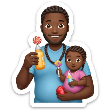 Big black man with braids hold a  baby bottle and a lollipop sticker