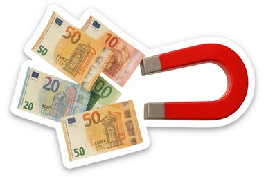 banconote di euro fluttuano vicino ad una calamita rossa, sono attratte, iperrealistico 4k sticker