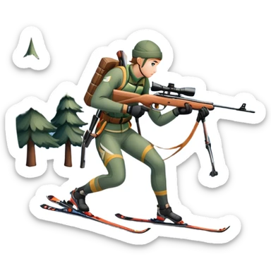 An icon showing a snowy landscape with pine trees, mountains, and a clear sky with a biathlete aiming a rifle in the foreground, wearing winter gear and skis. Transparent background emphasizes the precision, endurance, and beauty of this winter sport. sticker