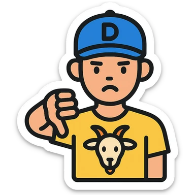 young man with a goat t-shirt, Dodgers hat, giving a thumbs down sticker